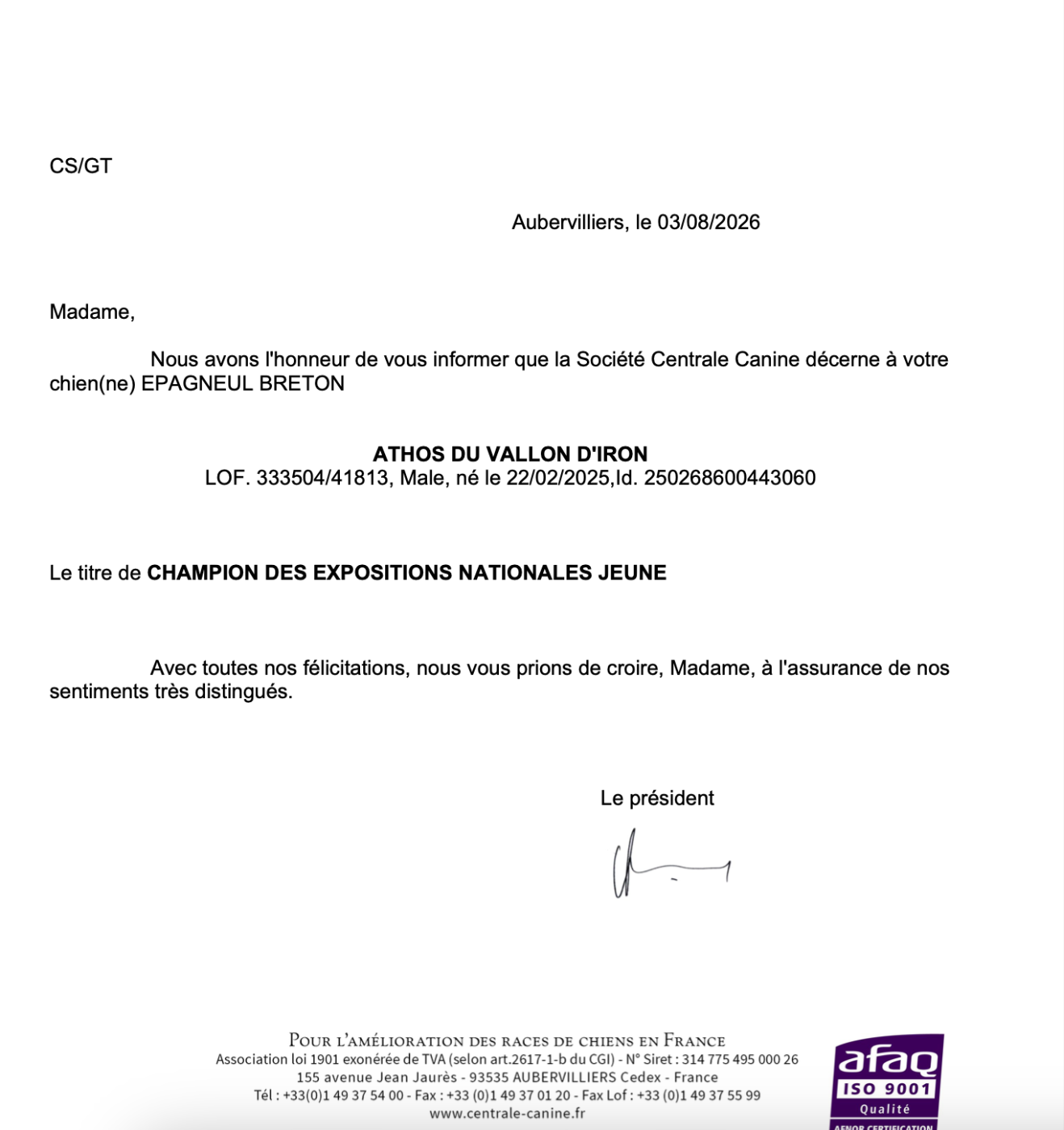 ATHOS CHAMPION DES EXPOSITIONS NATIONALES JEUNE